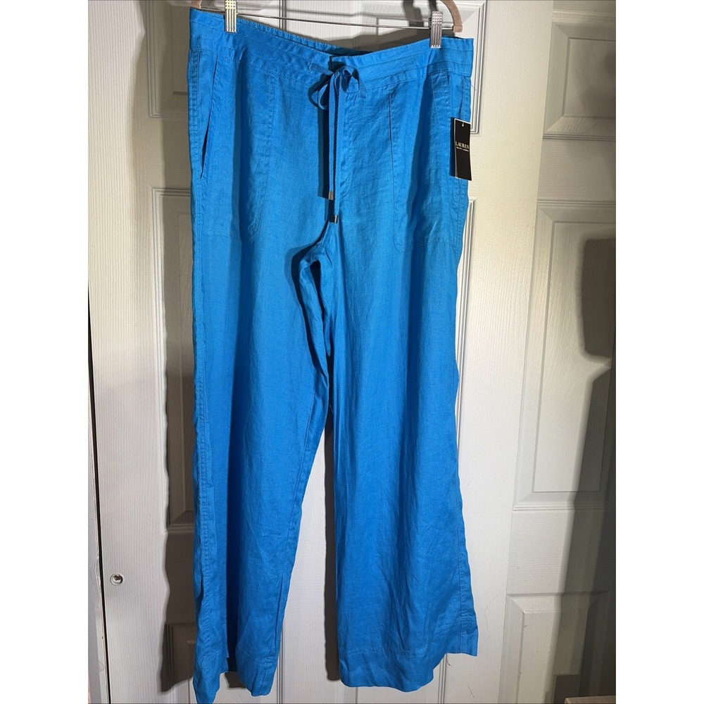 Lauren Ralph Lauren Women Sz 12 PantsBlue 100% Linen Wide Leg Drawstring.